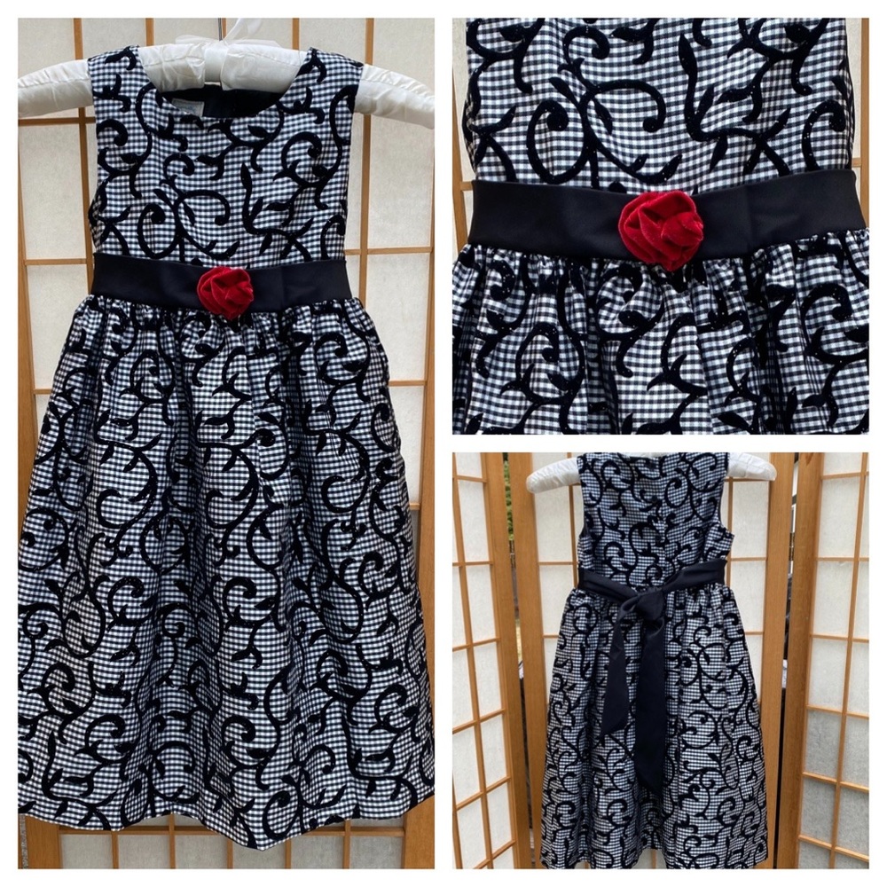 Marmellata Black & White Checked Velvet Swirl Holiday Dress SZ 6